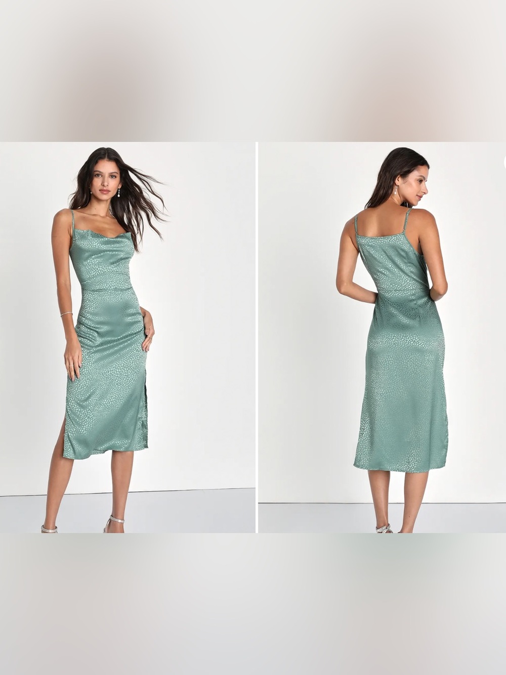 Lulu's Sage Green Satin Cowl Neck Slip Dress